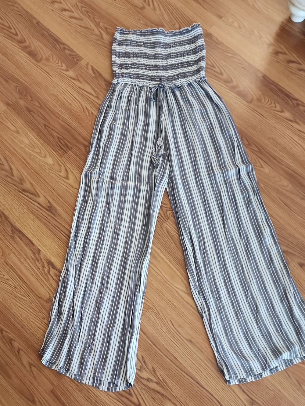 Salty Lemon Smocked Strapless Wide-Leg Jumpsuit - Grey & White Stripes